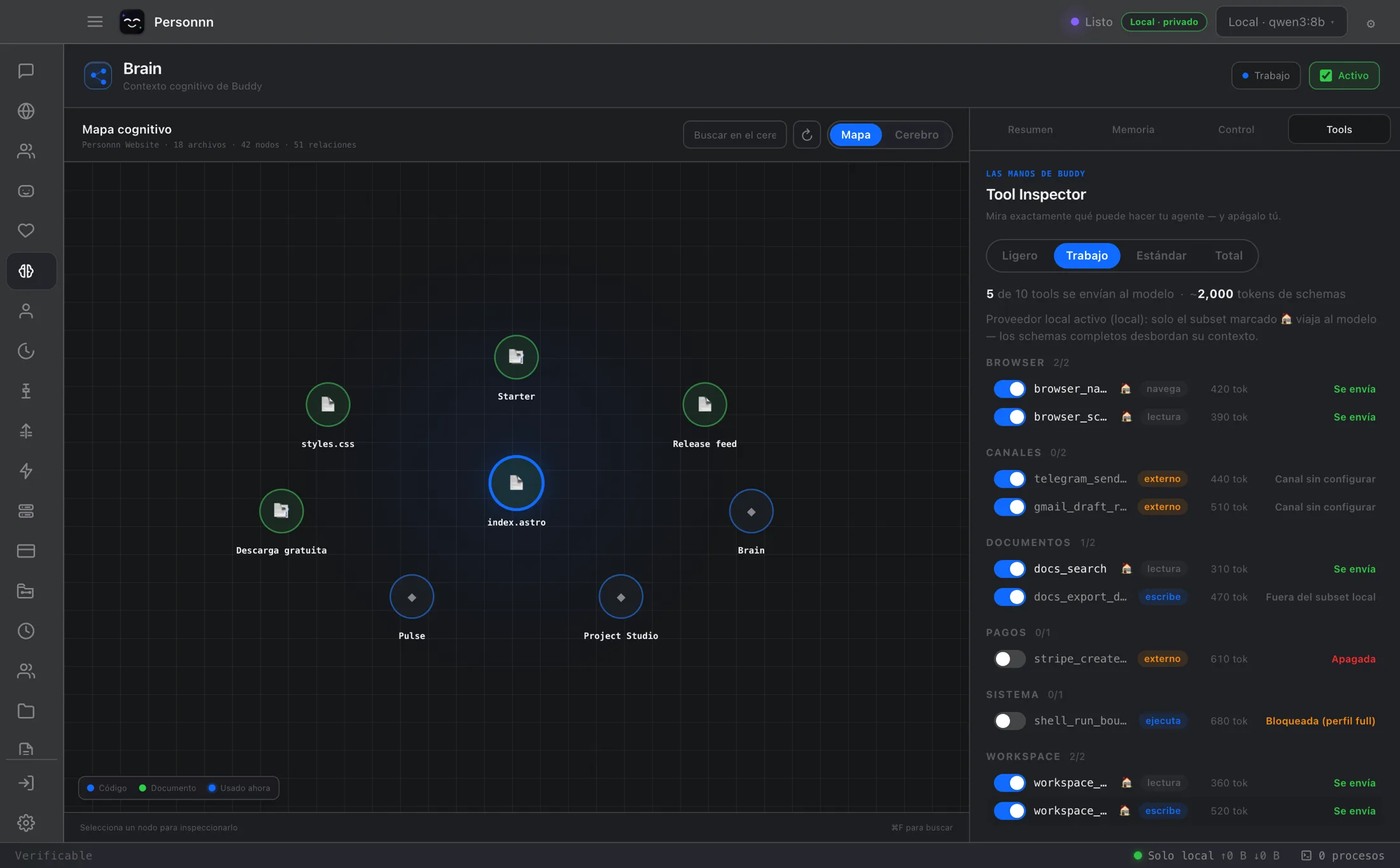 Tool Inspector de PersonnnOS: cada herramienta con su interruptor.