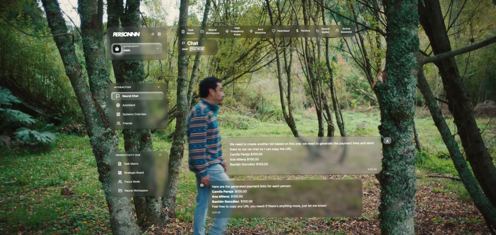 Fotograma del video de Stripe: PersonnnOS generando links de pago, filmado en el sur de Chile.